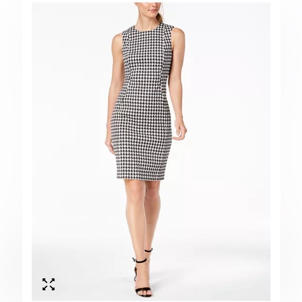 Calvin Klein Houndstooth Sheath Navy Blue Midi Dress Size 8